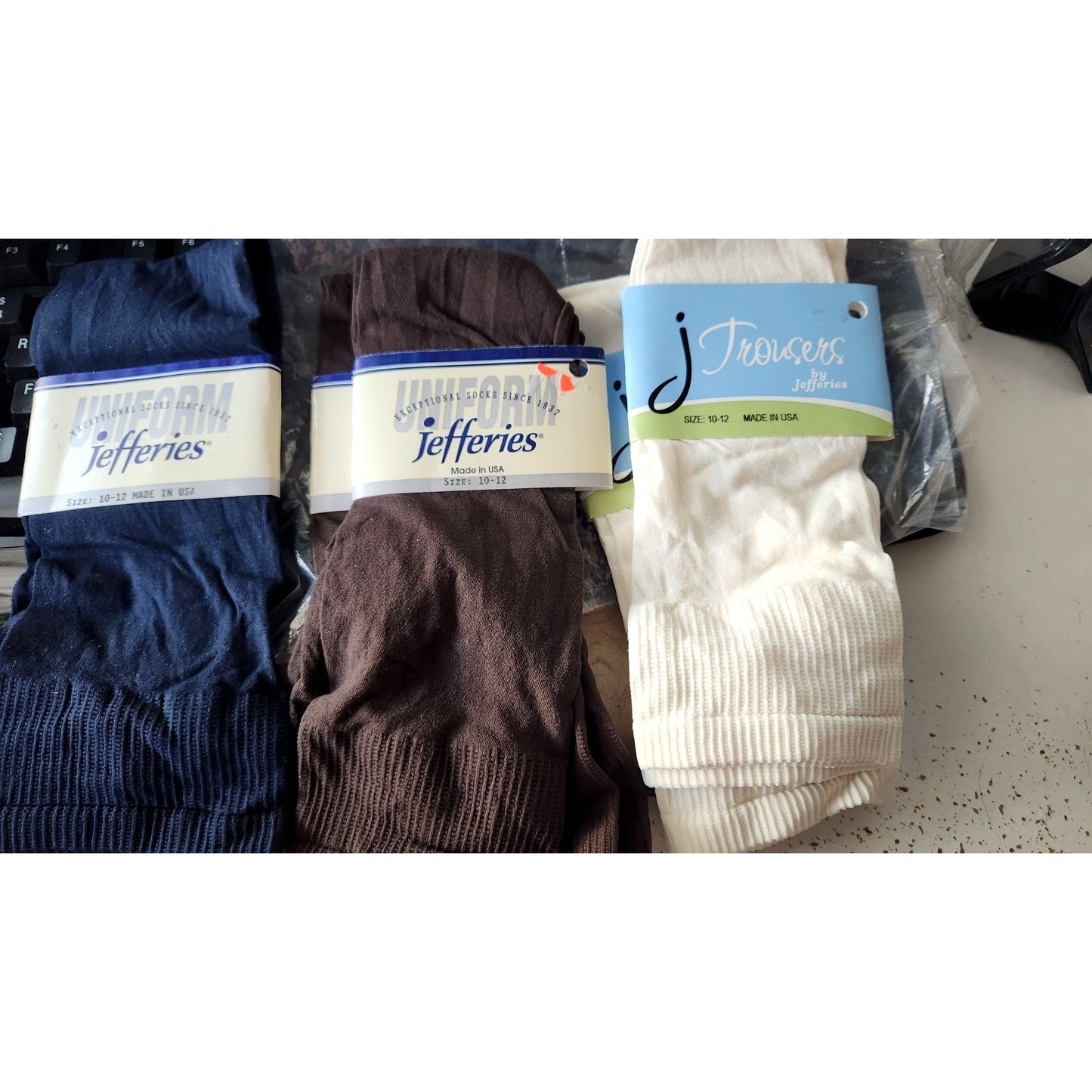 Socks 5 Pair Jefferies Socks 2 pr White Trouser, 2 pr Brown Uniform, 1 pr Blue Uniform Size 10 -12 92% Nylon 8 % Spandex