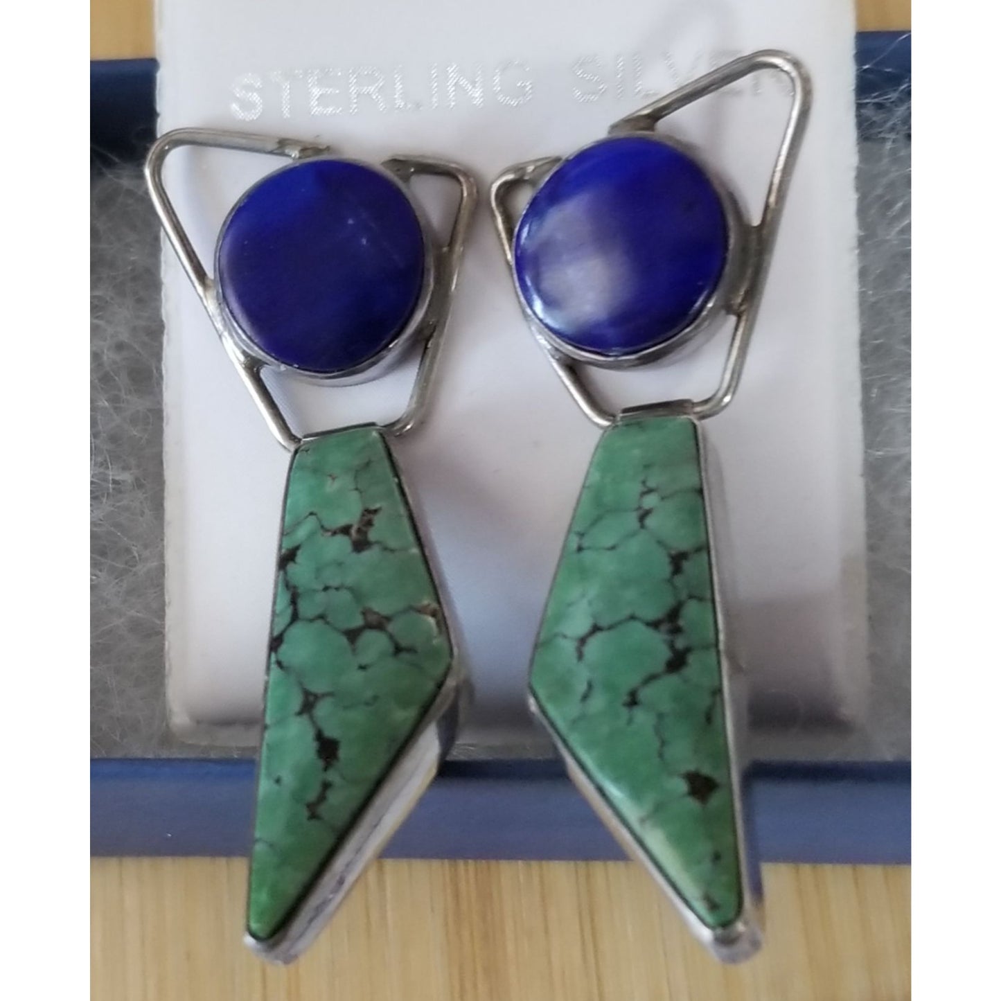 Earrings Lapis & Malichite 10.9 Gr 14.5 ct 20 mm x 47 mm Silver 925 2 Stones