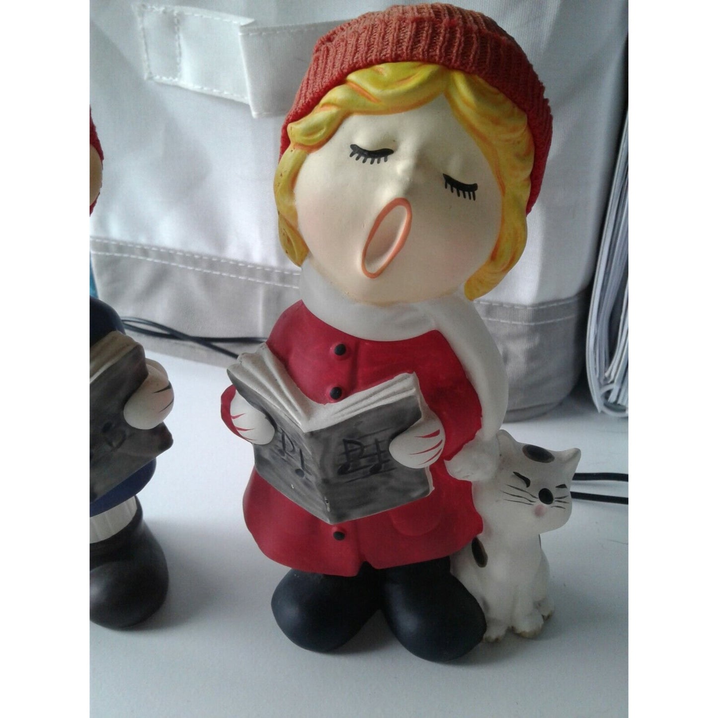 Statue Singing Boy & Girl Red Fabric Hat Holding Song Book Dog Cat Singing UOGC