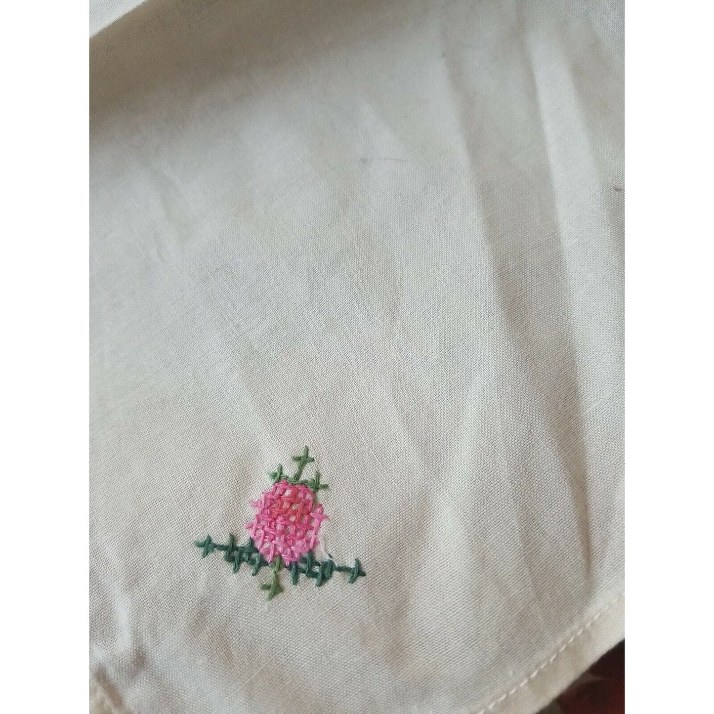 Cloth napkins set of 8 Cream Linen Hand Embroidered Flower On Corner 15" Square