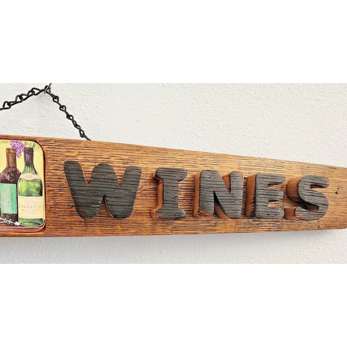 Wood Sign Wine Stave says "Fine Wines" Tile in the Middle Letters Cut Stave
