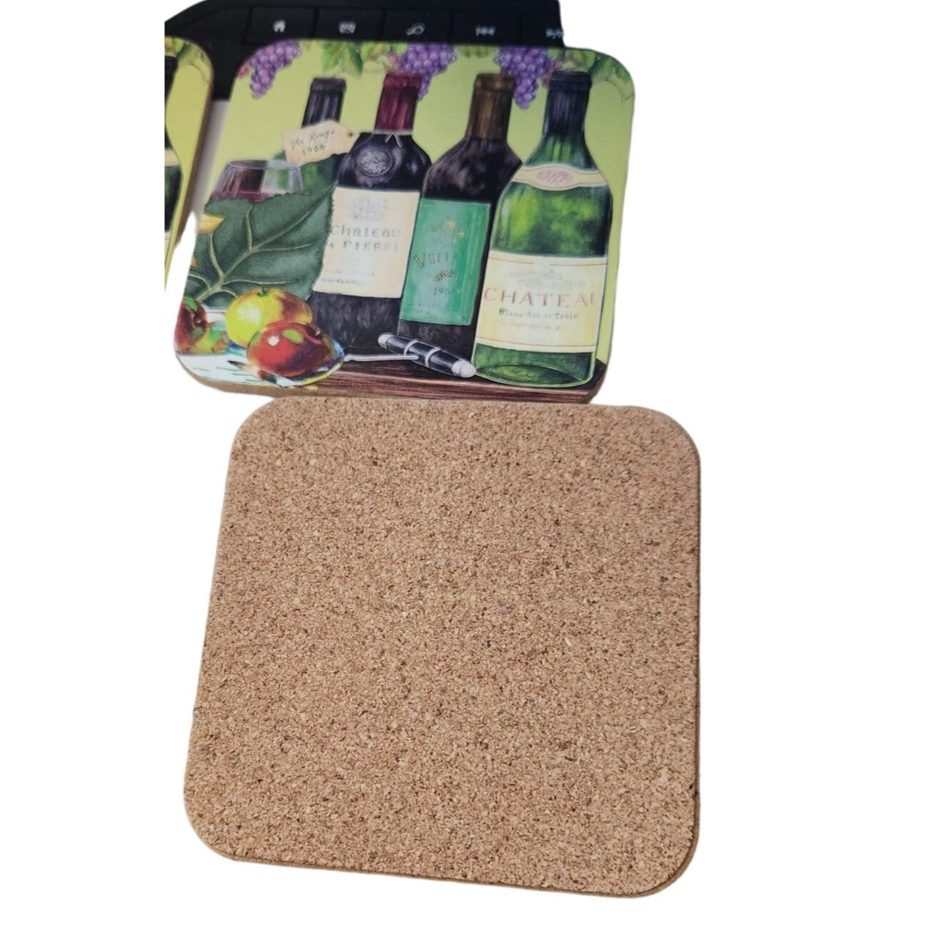 Wine Bottles Grapes Set of 4 Coasters Cork Backing Wood Glossy 3 1/2" x 3 1/2"