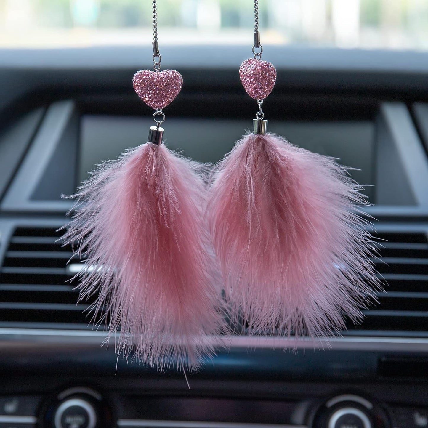 Spurtar Bling Car Mirror Hanging Accessories for Women Shiny Heart Shape Crystal Diamond Car Ornament with Plush Feather Pendant Rearview M
