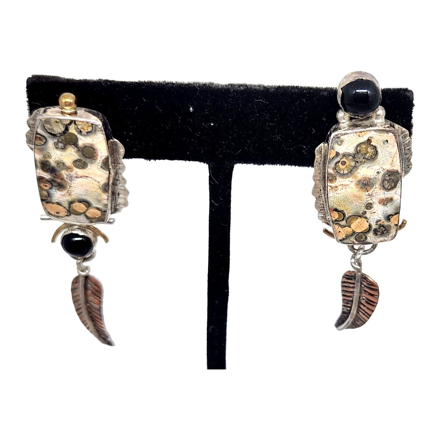Leopard Jasper Earrings Copper Feather Black Onyx 8mm Circle 11.6 Gr Silver Post