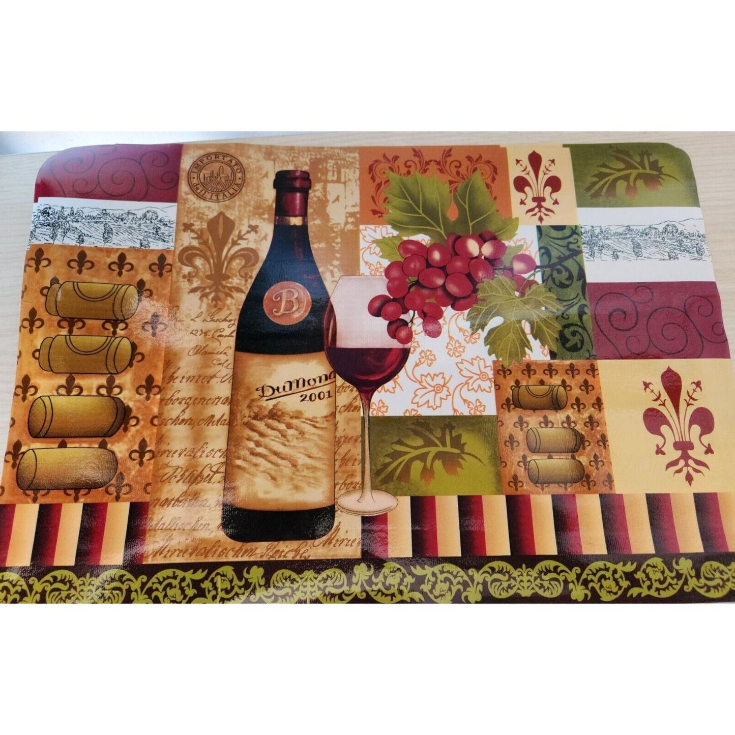 Home Store Wine Bottle Grape Vinyl Placemat Set of 2 Softback Size 18" x 12"
