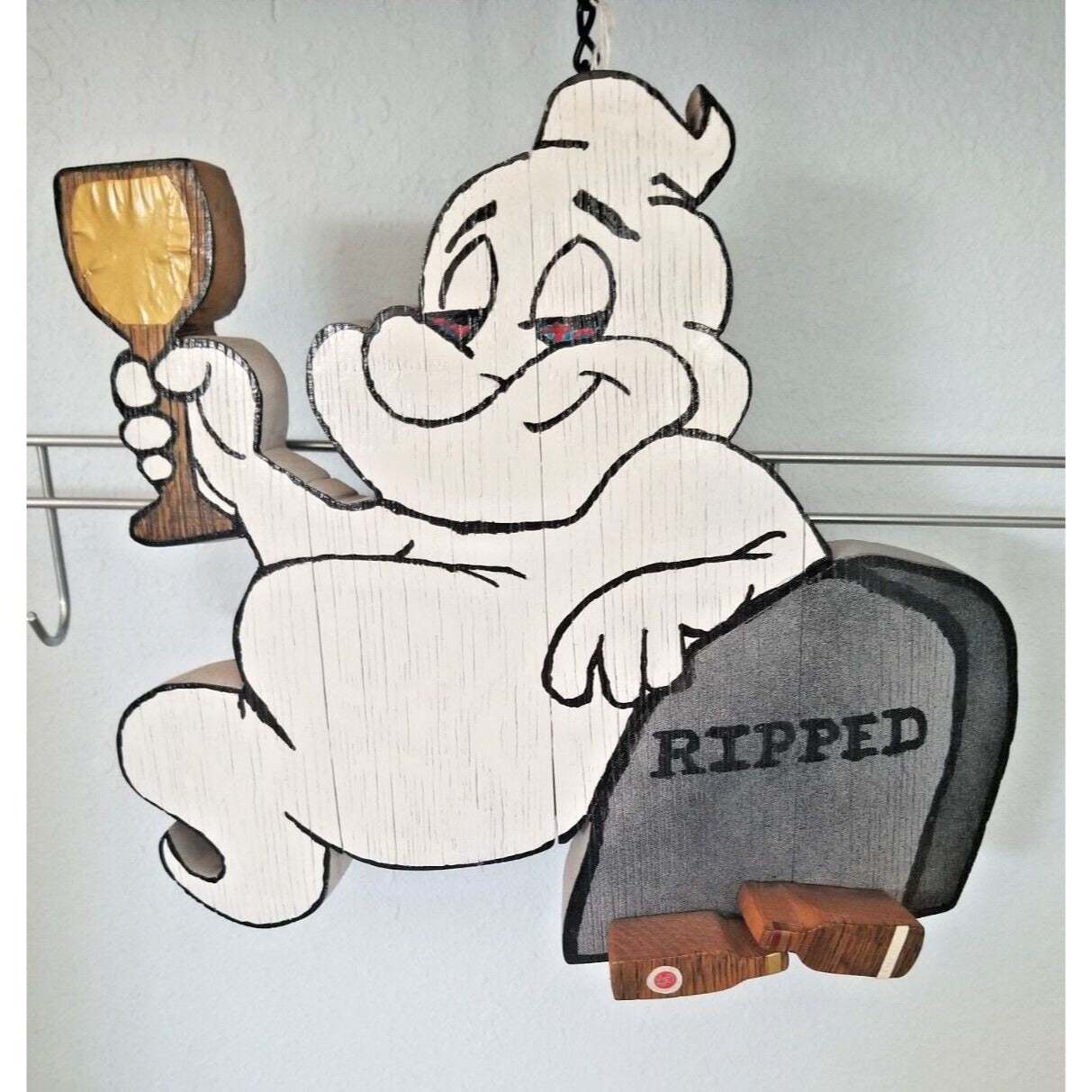 Wood Sign Halloween Ripped Wine Bottle Ghost Wine Glass Stave Head Stone Hanging