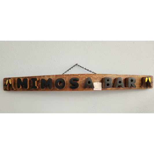 Wood Sign Wine Stave says " Mimosa Bar " Wine Glasses on ends Cut from Stave