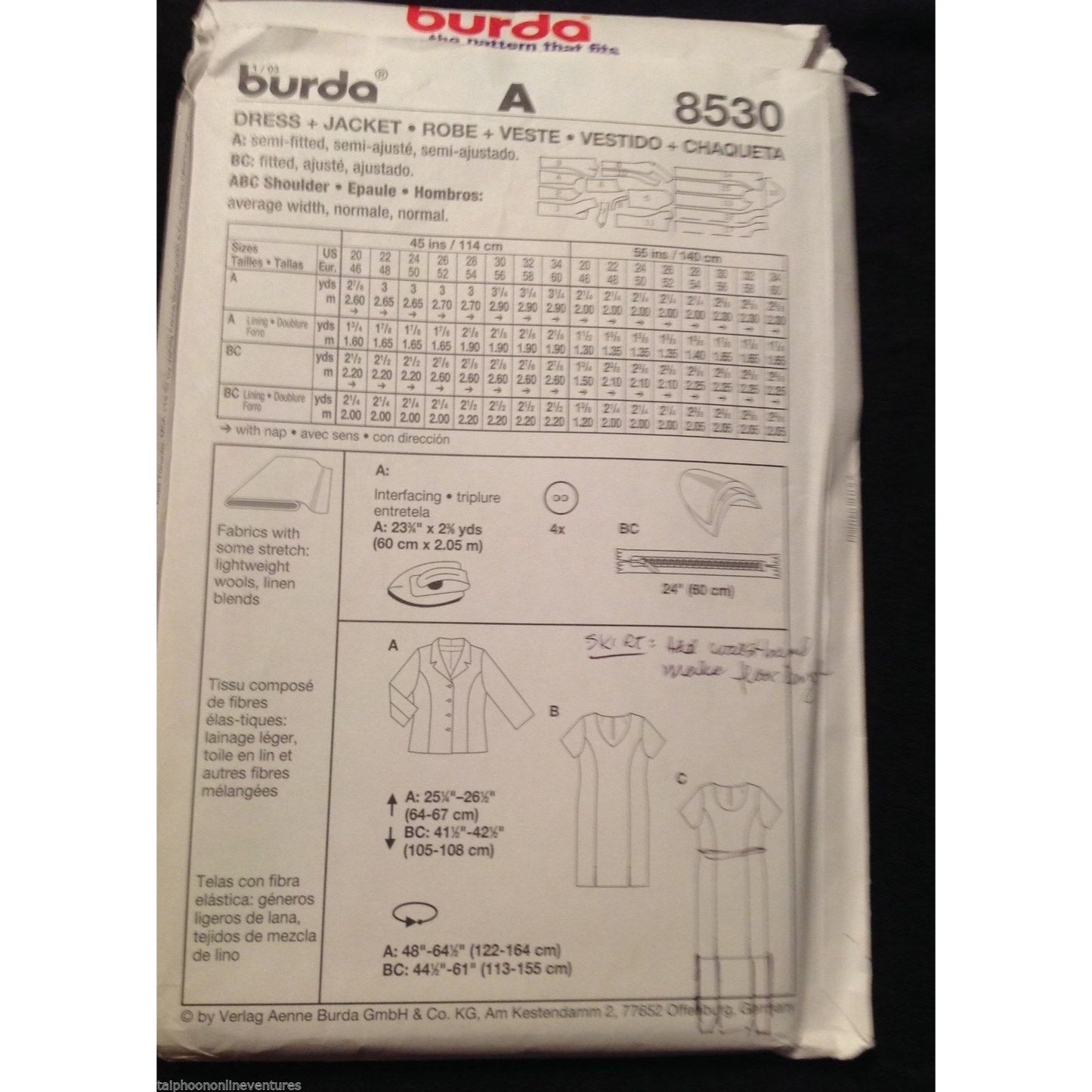 Pattern Burda # 8530 Size 20 to 34 Dress Jacket Instruction 3 languages