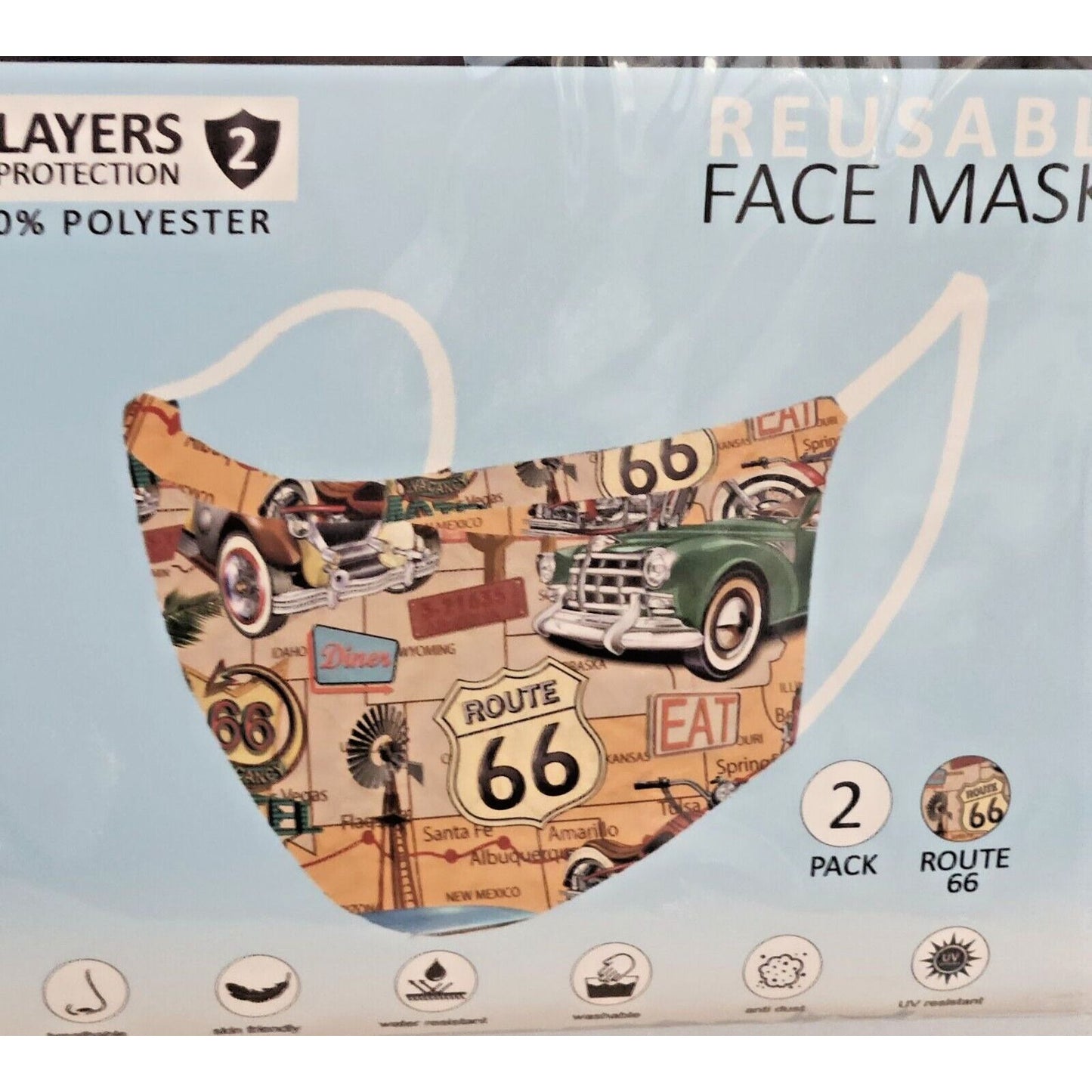Primeware Mask Route 66 Design Adult 2 pack 2 layers 100 % Polyester Washable