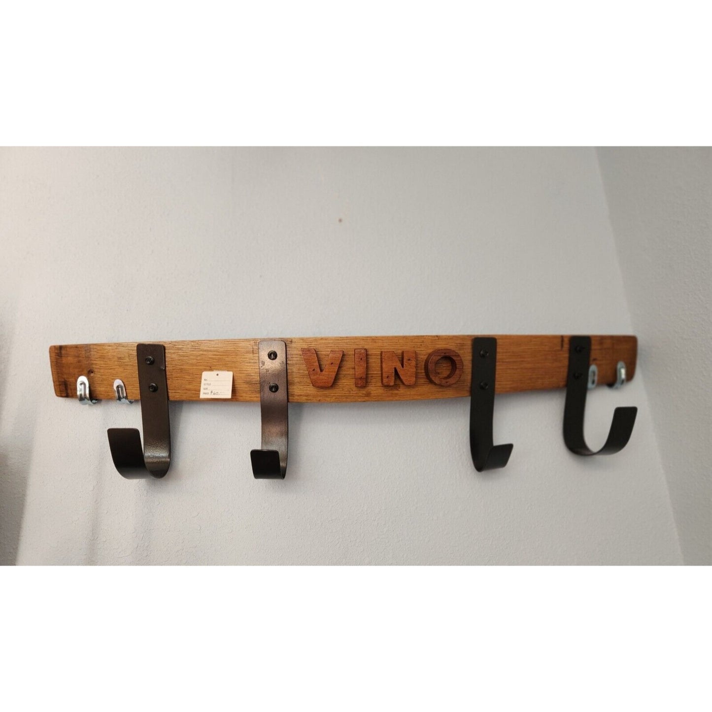 Wood Wine Bottle Holder 2 Bottles Says " Vino" Made from Wine Barrel Stave Ring