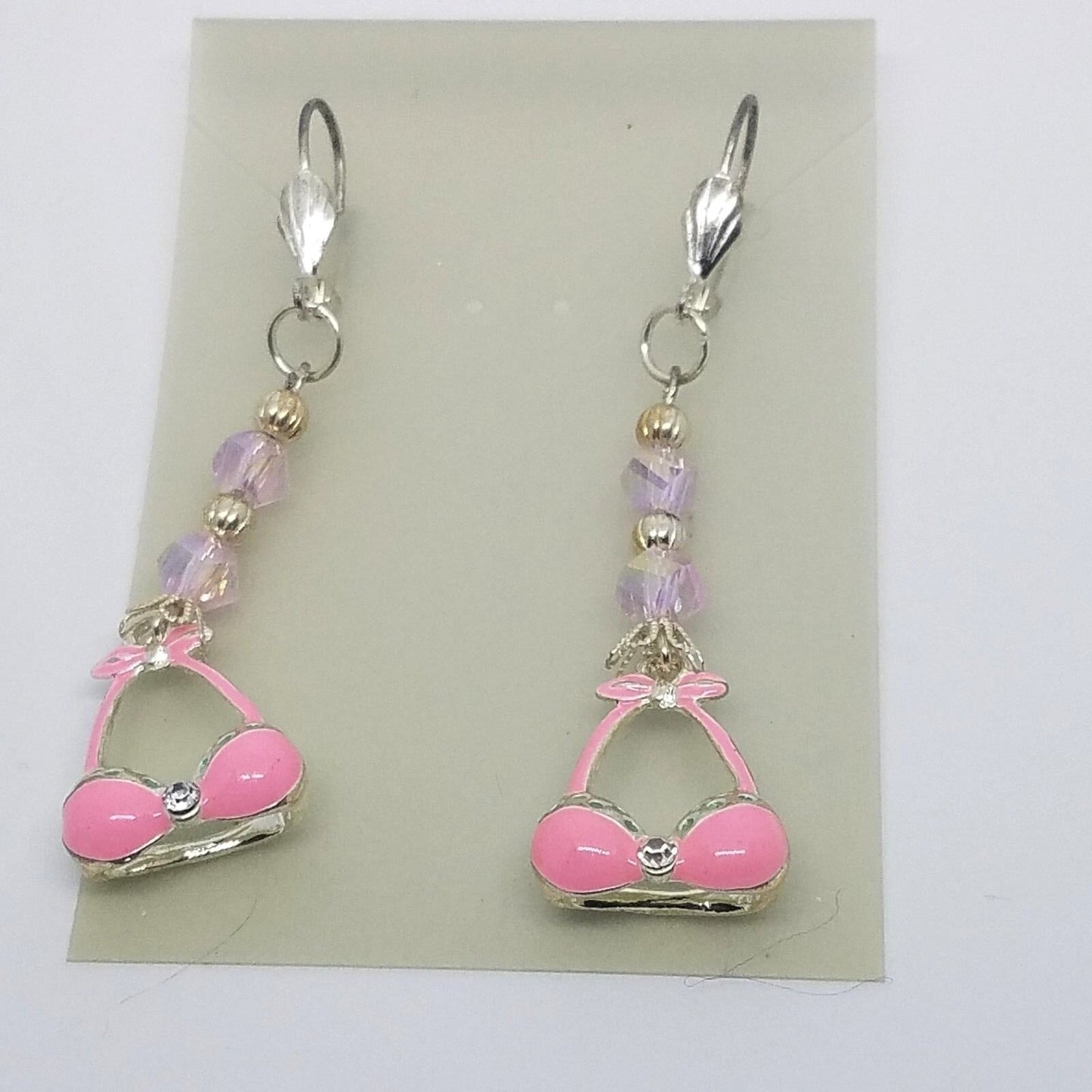 Earring Pink Bra Bikini Top 1/2 " Charm Silver Pink Bead Sterling Hooks