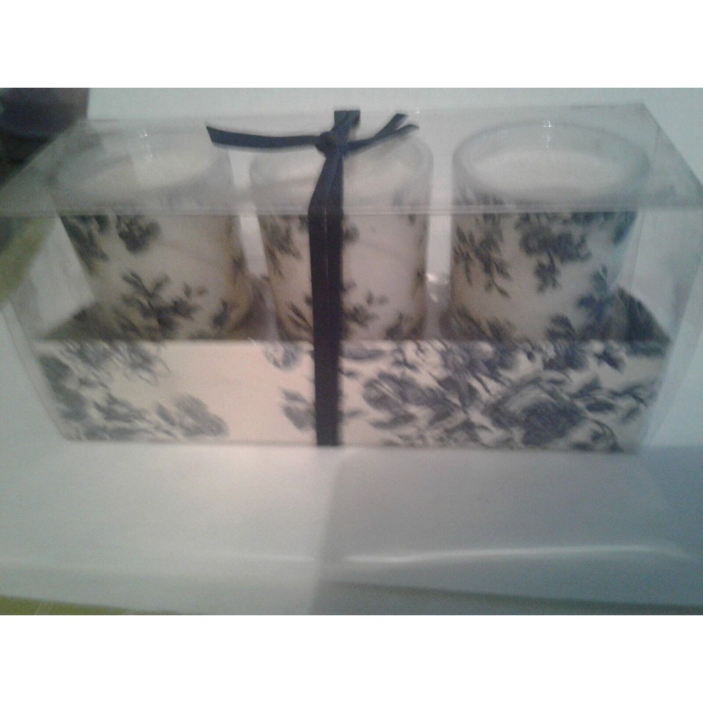 Candles White Sparkle Votive Blue Floral   2 1/2 " Tall 2" Top Gift Box Set of 3