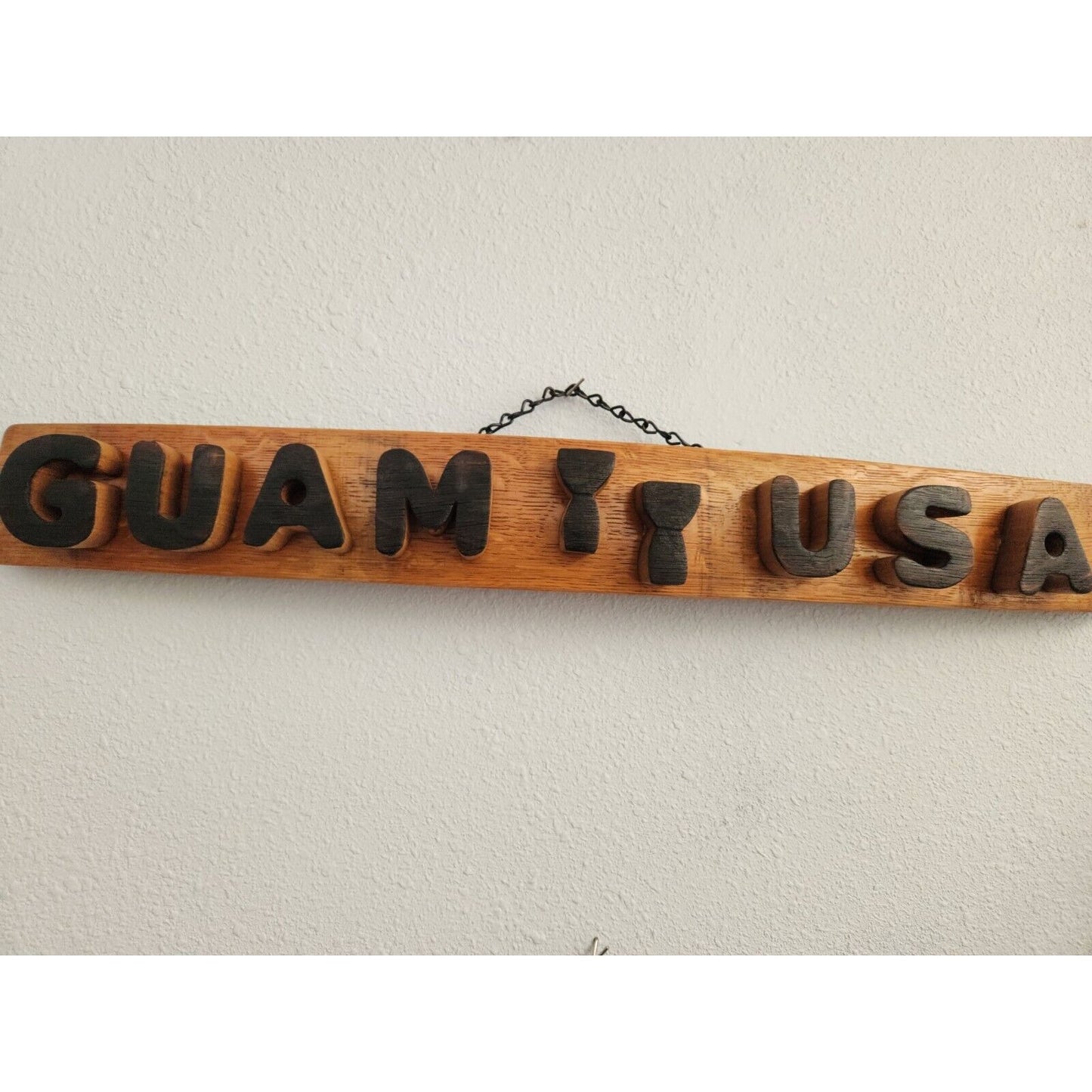 Wood Sign Wine Stave says "Guam USA ", Letters, Lotta Stones Cut from Stave