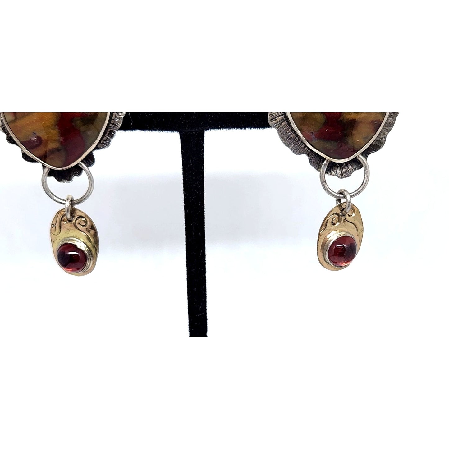 Earrings Silver Post Red Creek Jasper Mozambique Garnet 12.6 Gr 925 Silver 14K Gold