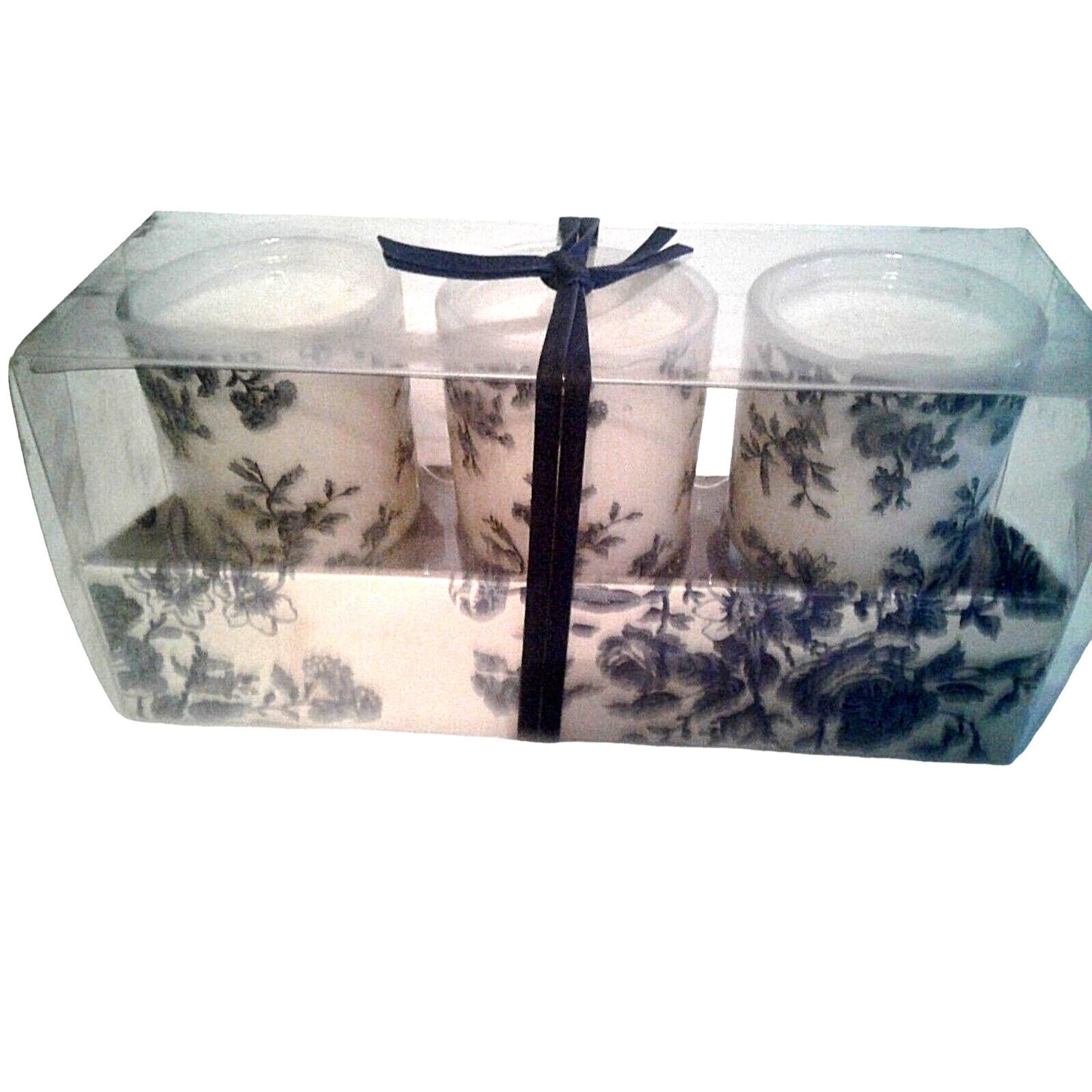 Candles White Sparkle Votive Blue Floral   2 1/2 " Tall 2" Top Gift Box Set of 3 Sparkle on Top