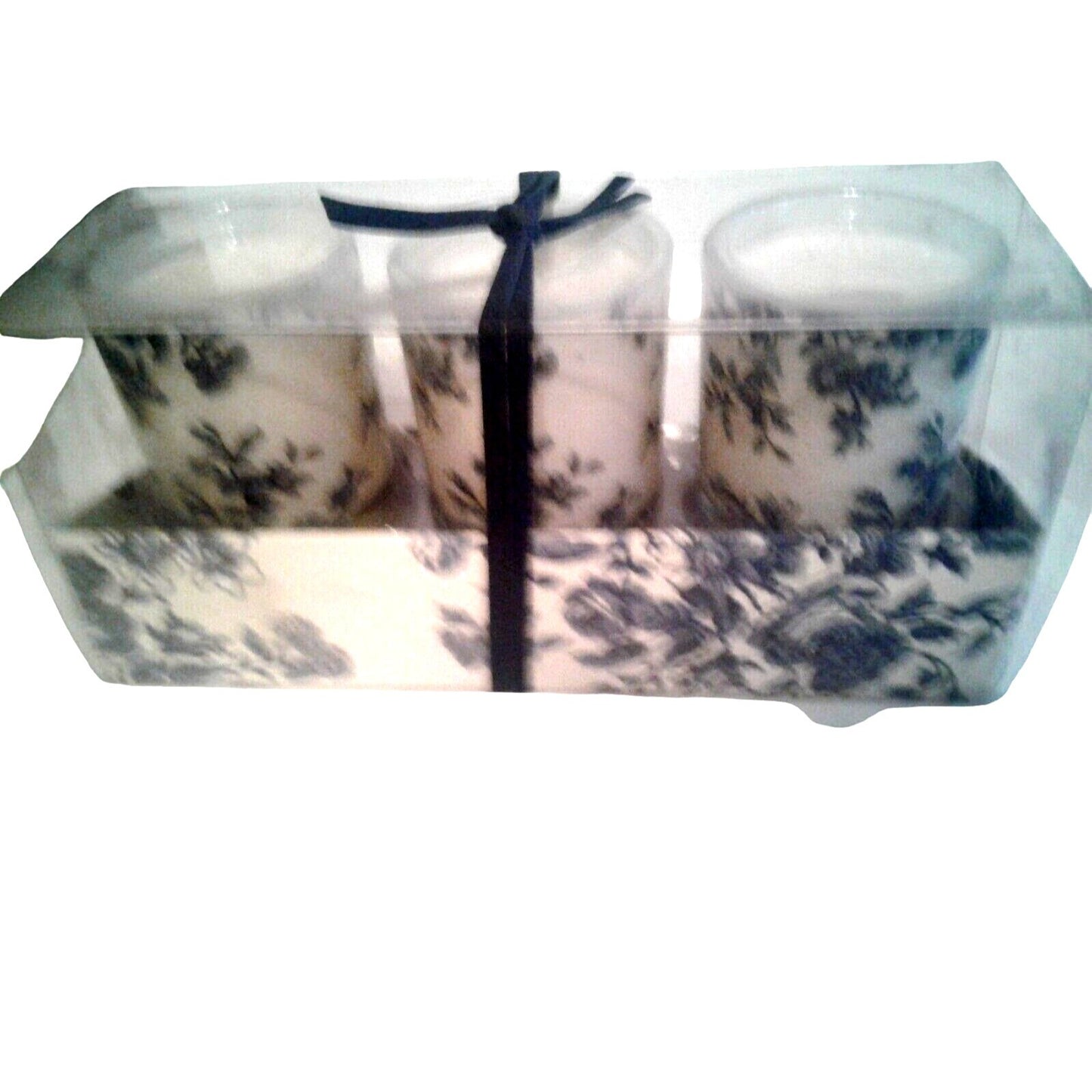 Candles White Sparkle Votive Blue Floral   2 1/2 " Tall 2" Top Gift Box Set of 3 Sparkle on Top