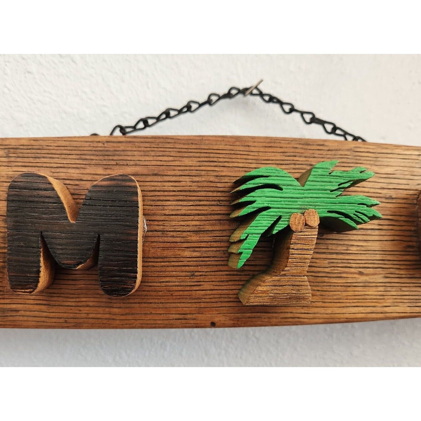 Wood Sign Wine Stave says "Guam USA" Flowers Palm Tree Letters Cut Stave