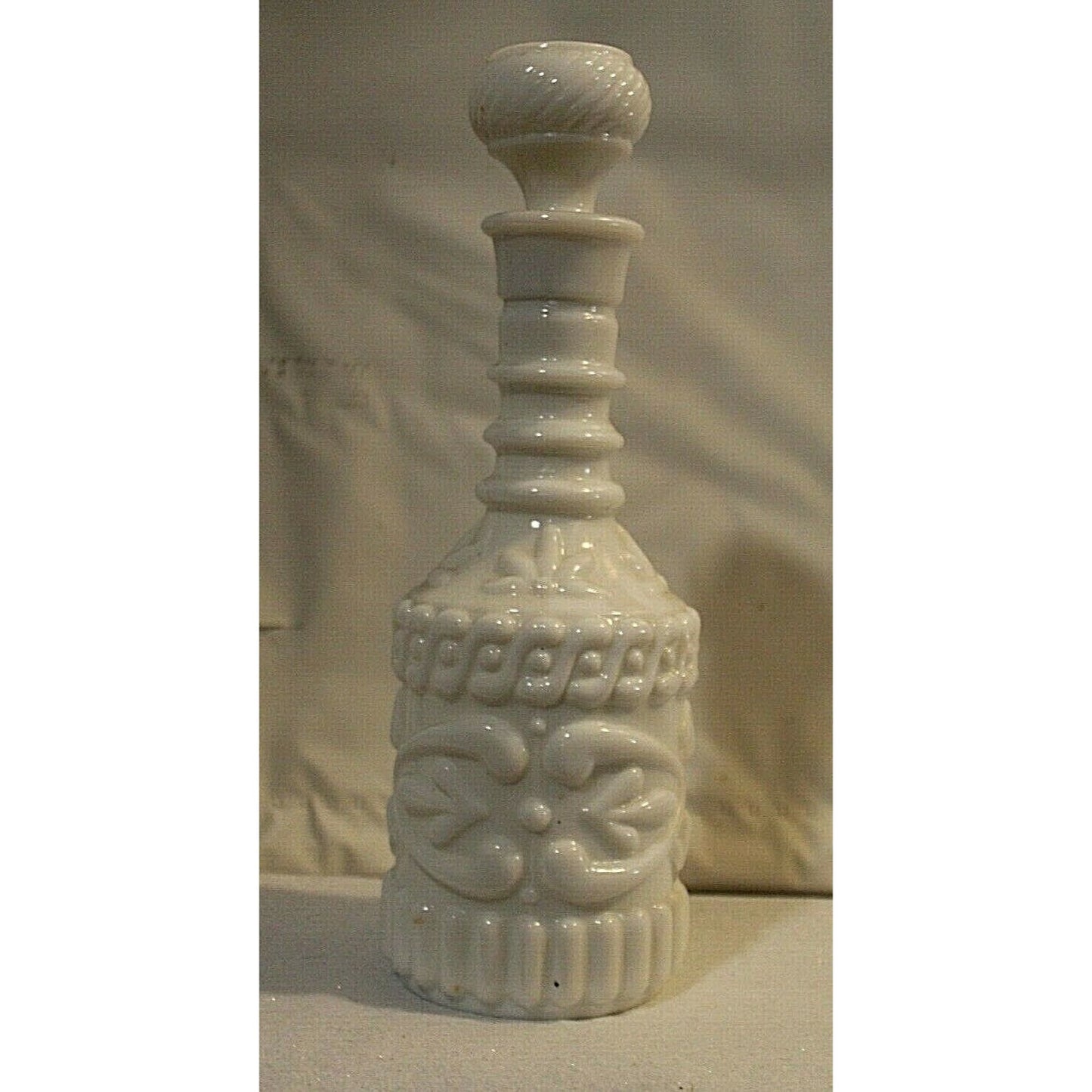 White Milk Glass Liquor Bottle with Cork Stopper 12" Tall KY DR8 230 119 3 09