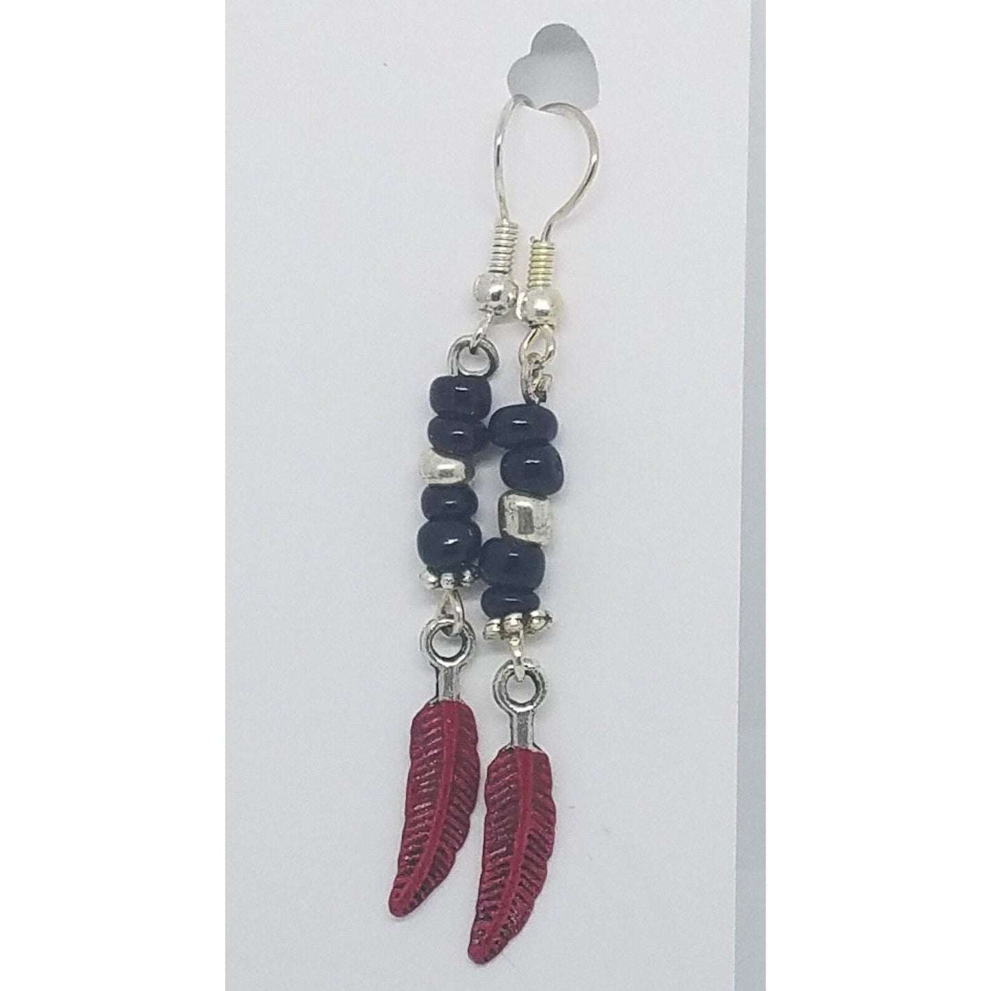Earrings 1" Painted Red Feather Charm Black and Silver Bead Sterling Wire