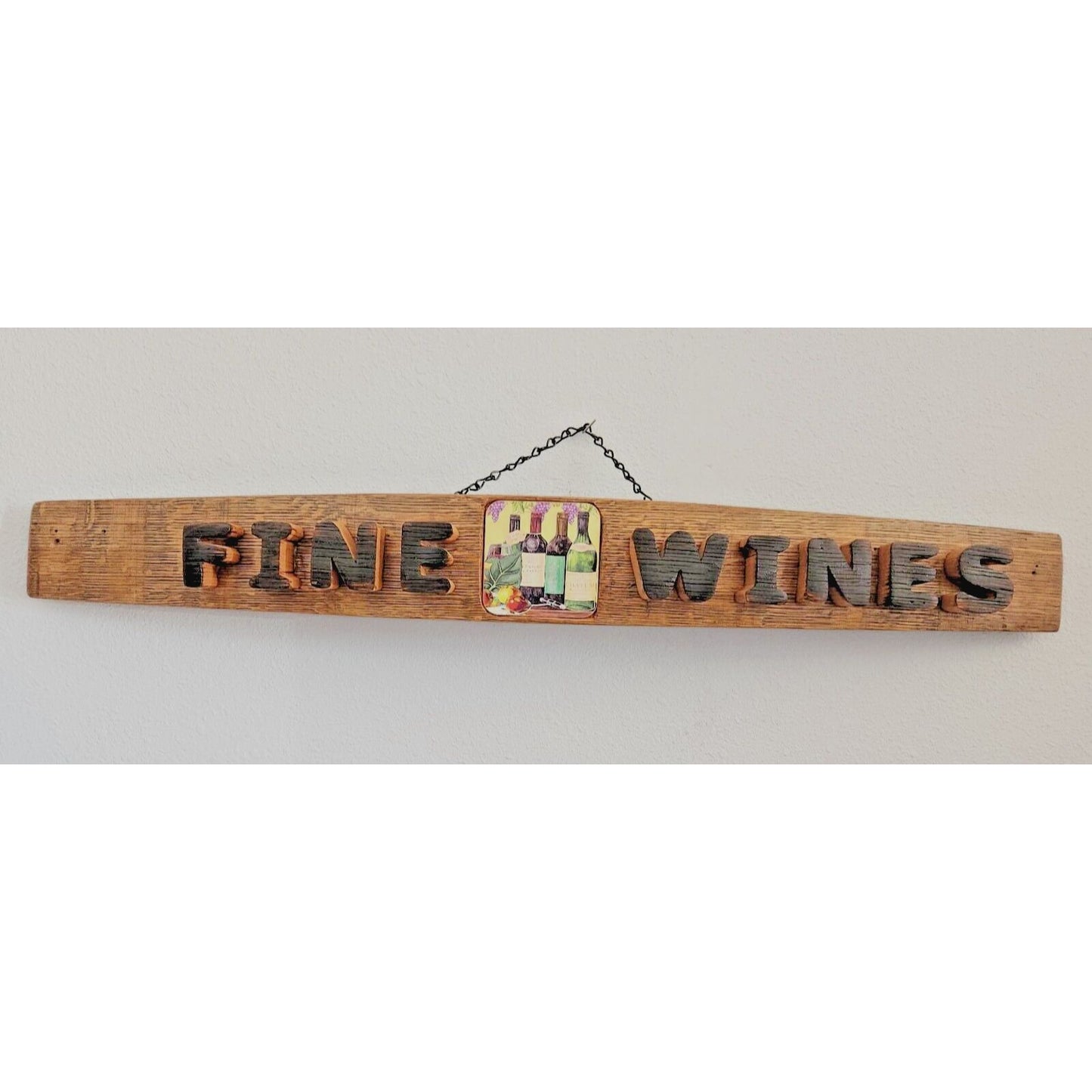 Wood Sign Wine Stave says "Fine Wines" Tile in the Middle Letters Cut Stave