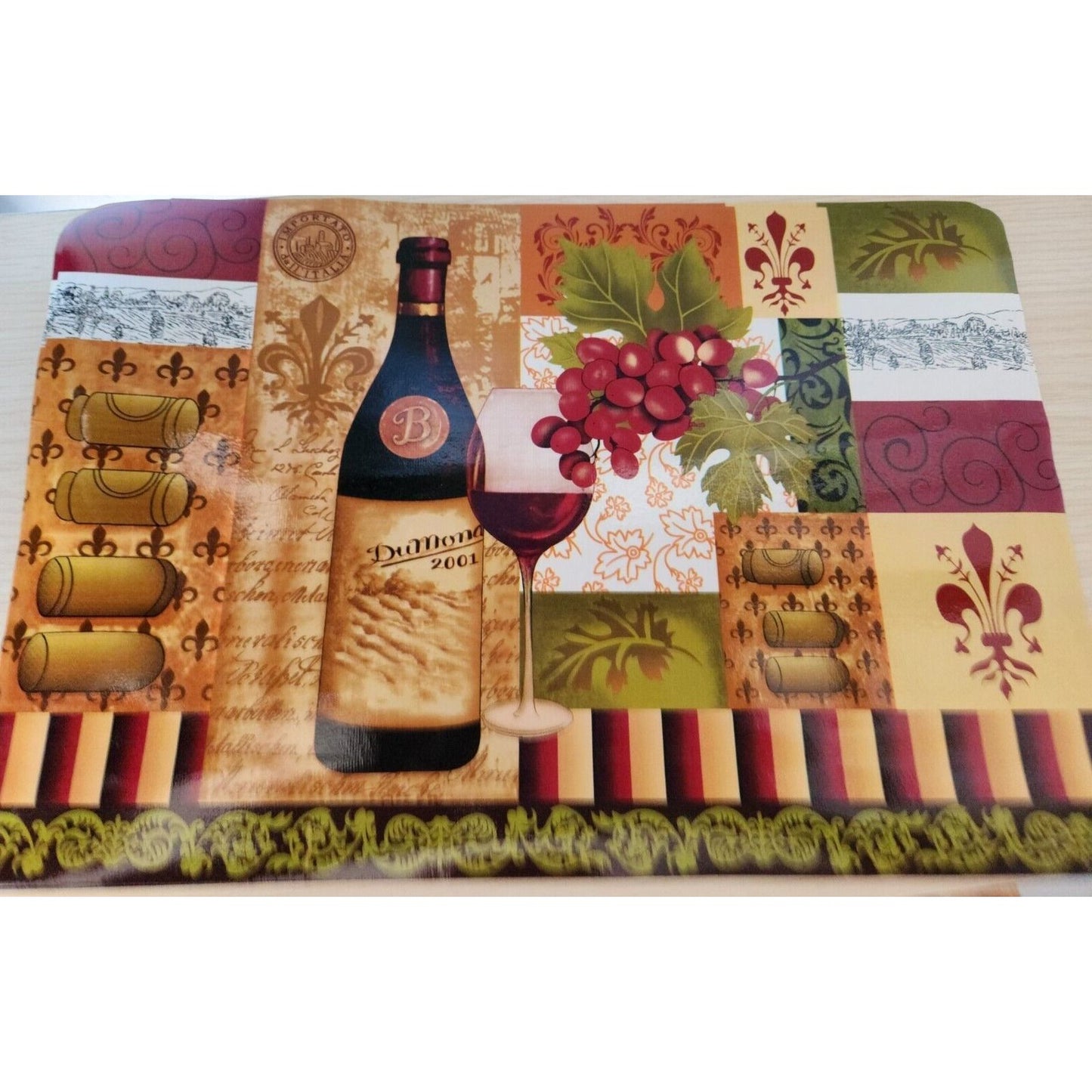 Home Store Wine Bottle Grape Vinyl Placemat Set of 2 Softback Size 18" x 12"