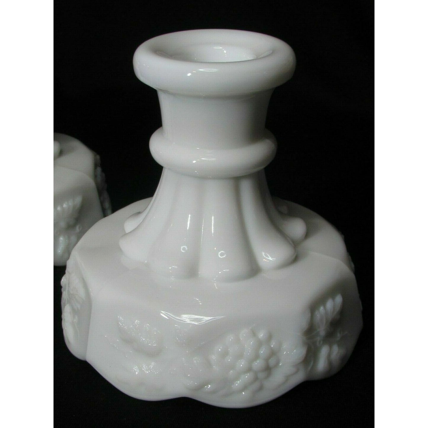 WESTMORLAND VINTAGE MILK GLASS CANDLE STICK HOLDERS “Grape Harvest” Pattern Pair