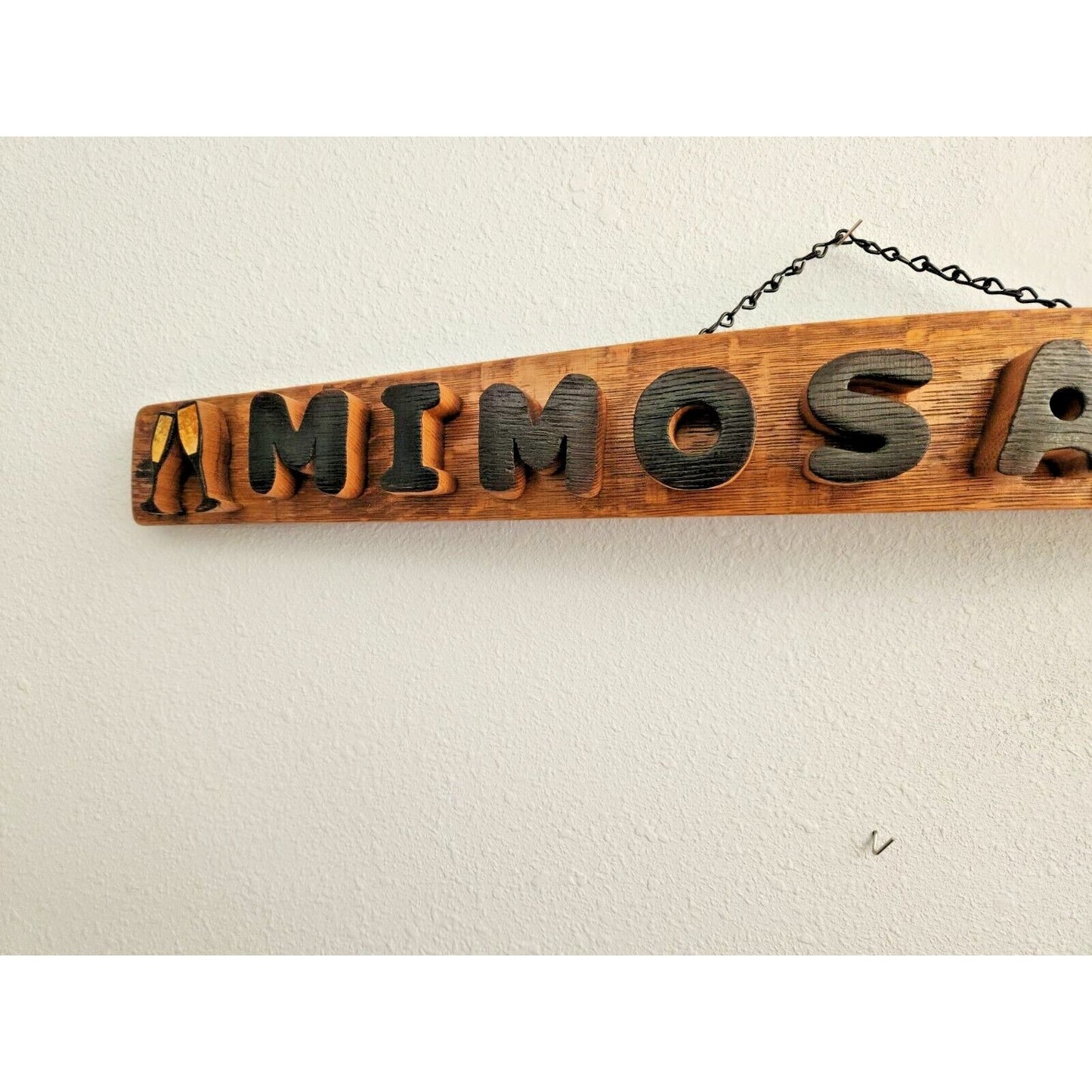 Wood Sign Wine Stave says " Mimosa Bar " Wine Glasses on ends Cut from Stave
