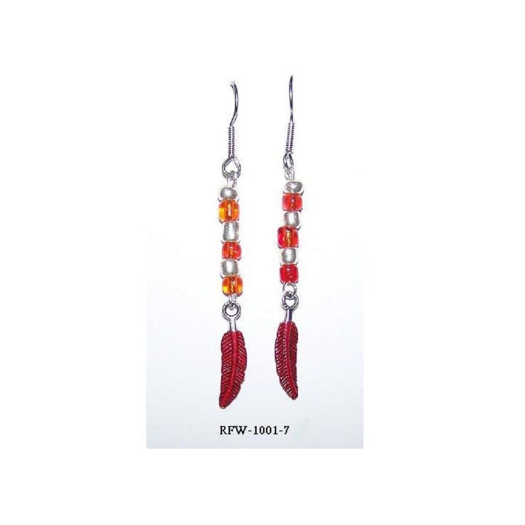 Earrings Painted Red Feather Charm Orange Silver Beads  2" long Sterling Hook