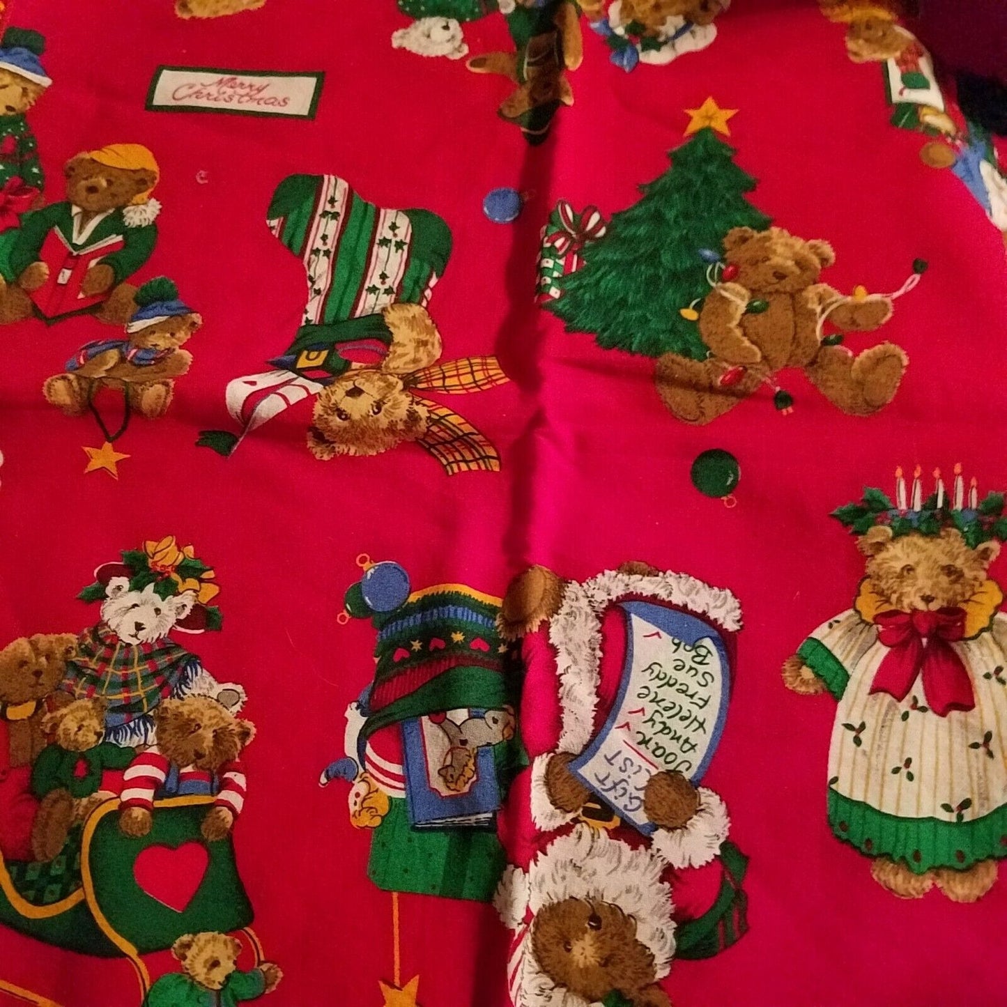 Cloth Napkins Set of 4 16" x 16" Red Christmas Teddy Bears Sleigh Stars Trees
