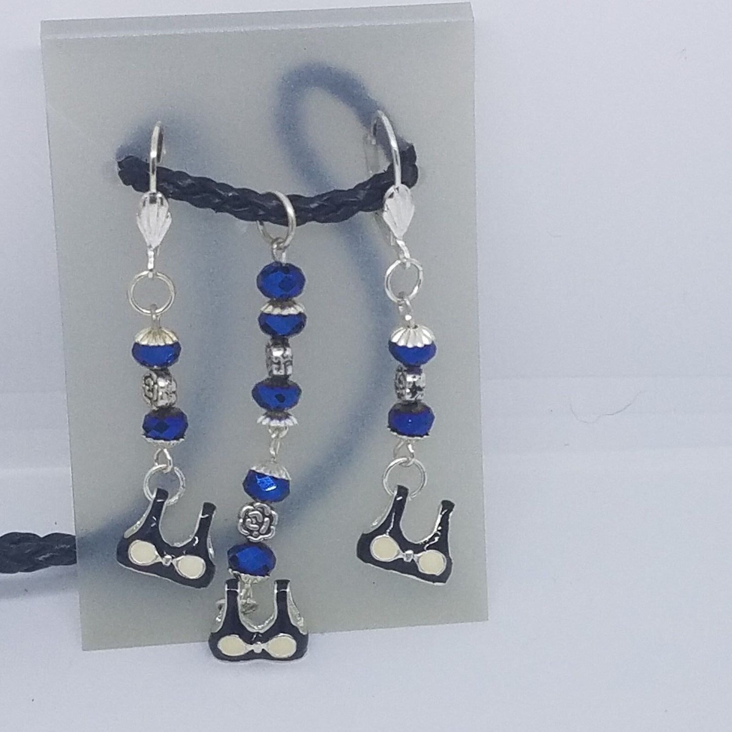 Necklace Earrings Bikini Bra Top 1/2 " Charm Blue Silver Bead Black Leather Cord