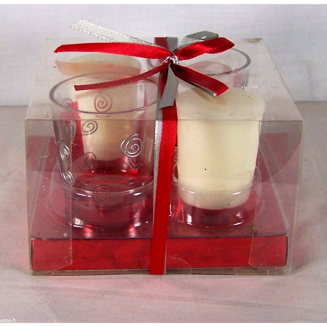 Candle Silver Hearts Votive Candle & Holder set  2 Holders Red Boxed Ribbon Love