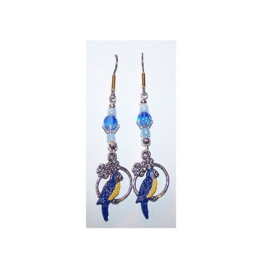 Earrings Painted Parrot in Hoop Flowers Blue Beads  2" long Sterling Hook