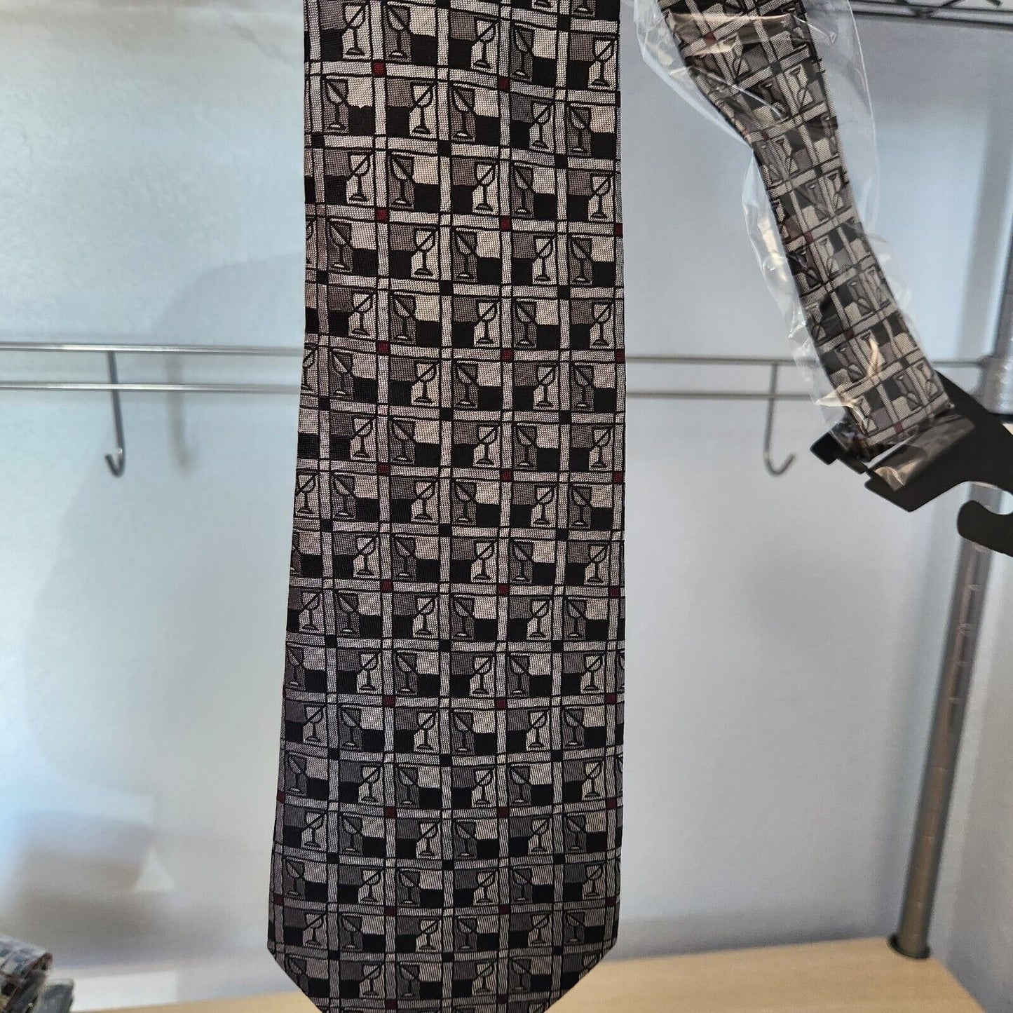 Silk Tie Brand Dino Carlotti Silver Stacked Wine Glasses 56" x 4" 100% Silk