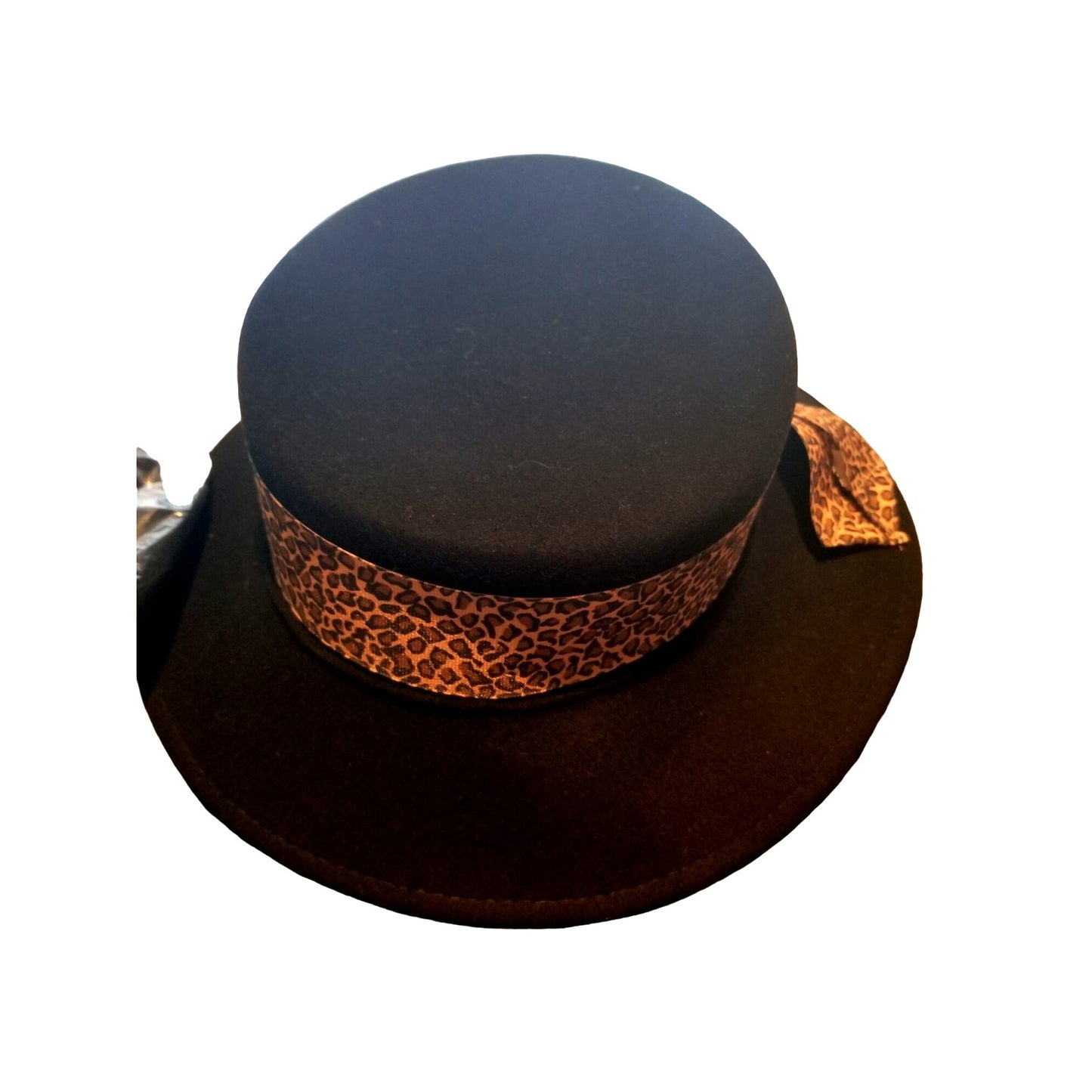 Callanan Hat Women's O/S Wide Brim Black Hat With Animal Print Pattern Bow