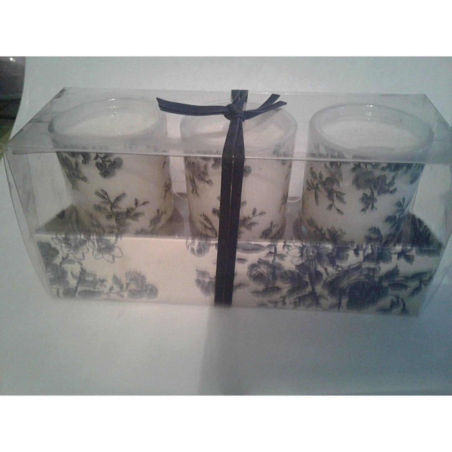 Candles White Sparkle Votive Blue Floral   2 1/2 " Tall 2" Top Gift Box Set of 3