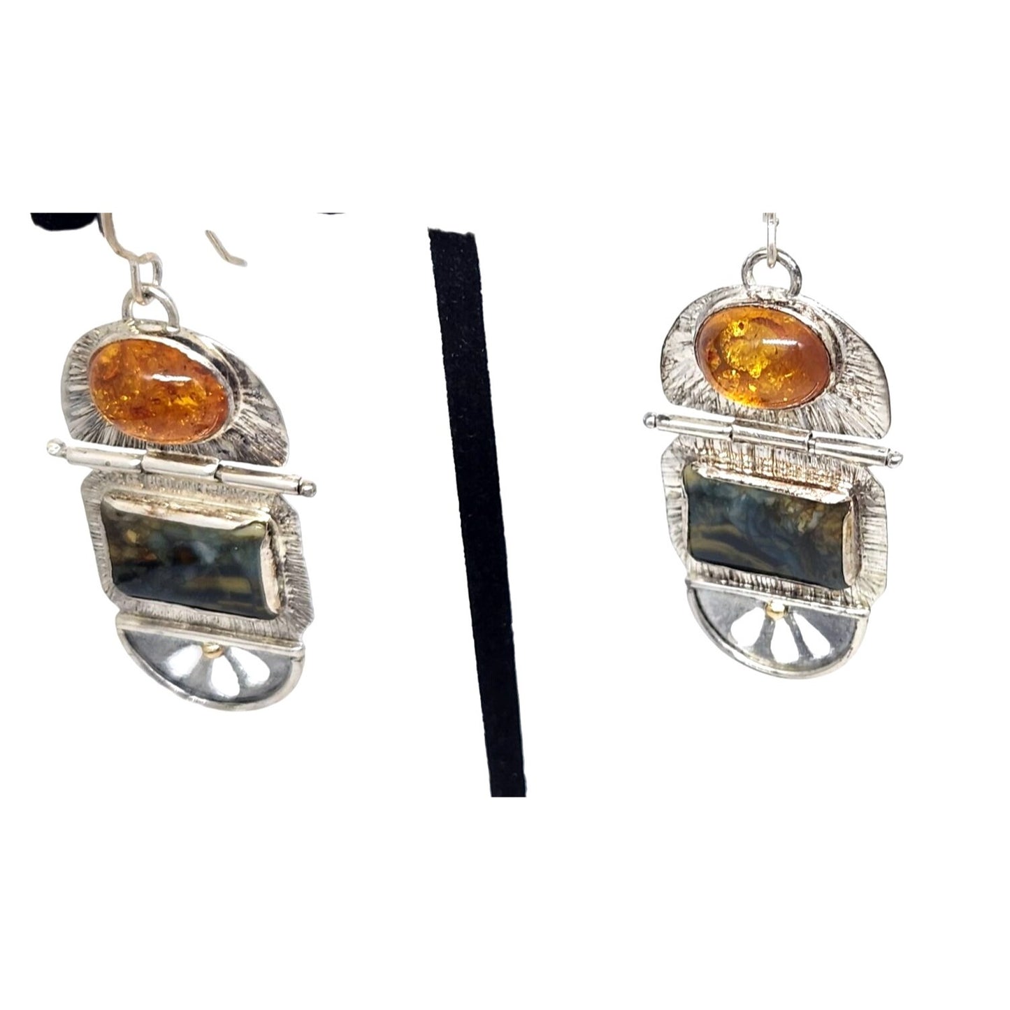 Earrings Baltic Amber Moissanite Jasper 925 Silver 14K Gold 10.8 Gr Silver Hooks