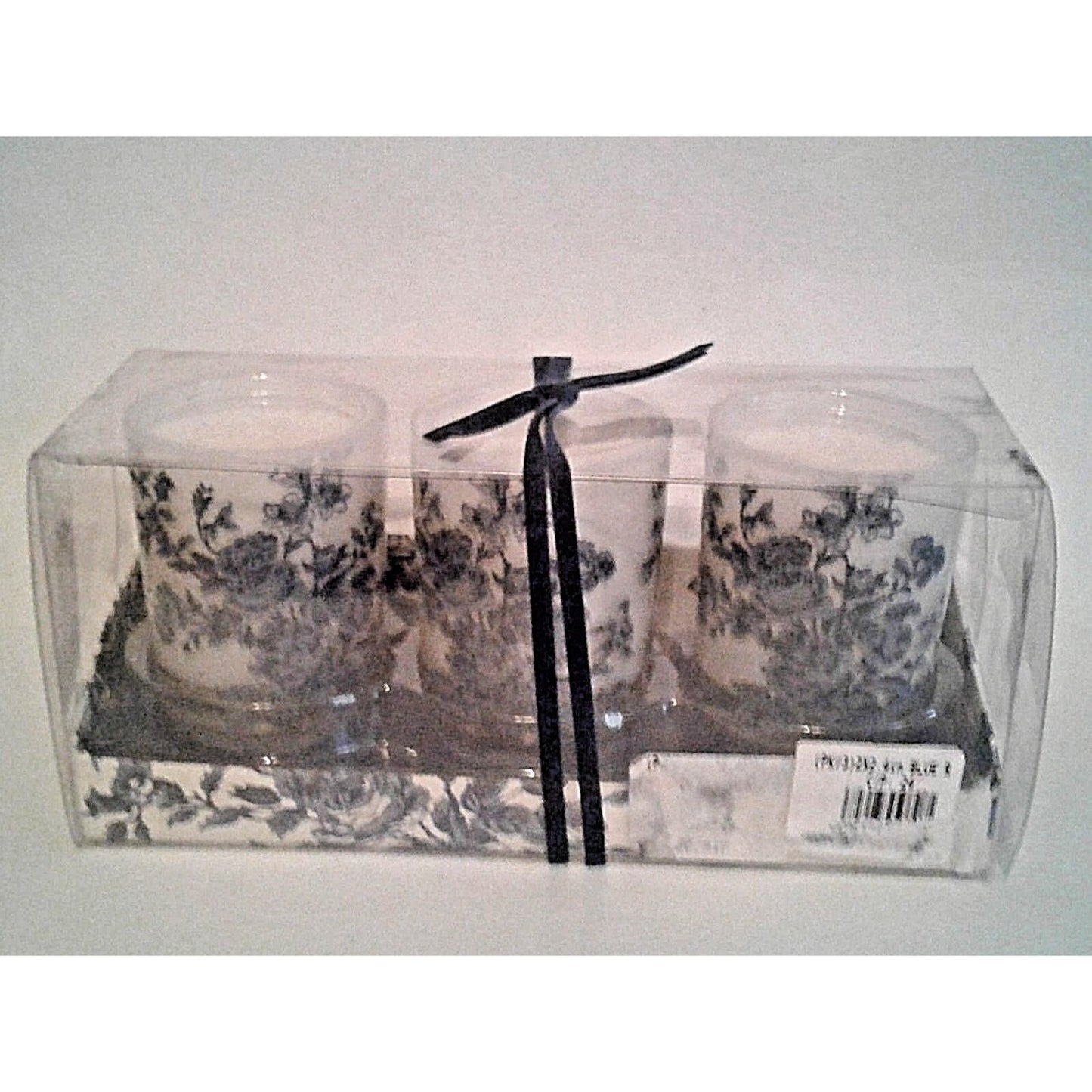 Candles White Sparkle Votive Blue Floral   2 1/2 " Tall 2" Top Gift Box Set of 3