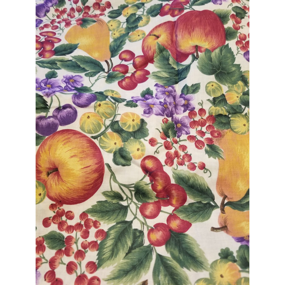 Material White Fruit Pears Grapes Cherrys Apple Flowers Green Leaves Fabric 44" x 66" Cotton