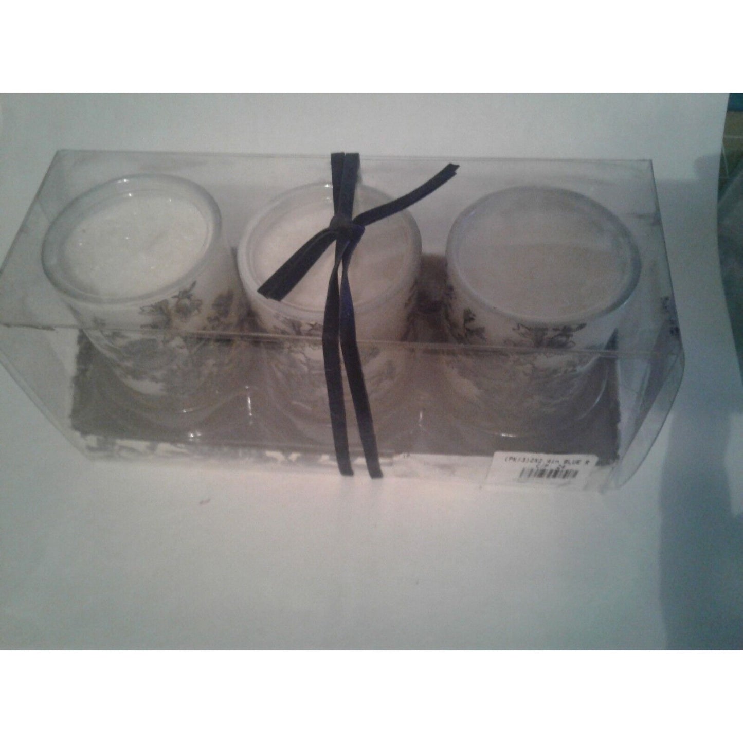 Candles White Sparkle Votive Blue Floral   2 1/2 " Tall 2" Top Gift Box Set of 3