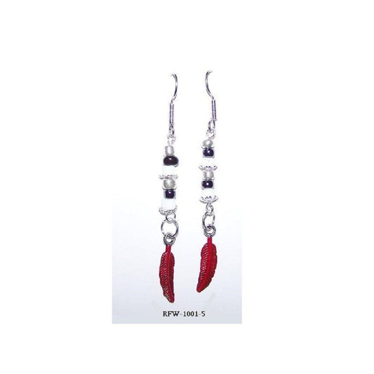 Earrings Painted Red Feather Charm Metallic Silver Beads  2" long Sterling Hook