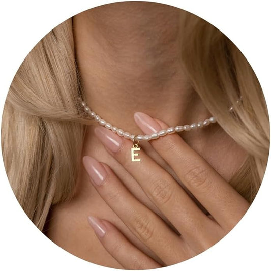 LUCA SMITH Initial Freshwater Pearl Choker Necklace for Women, 14K Gold Plated Baroque Dainty Pearl Choker Necklace with Initial Pendant,Gif