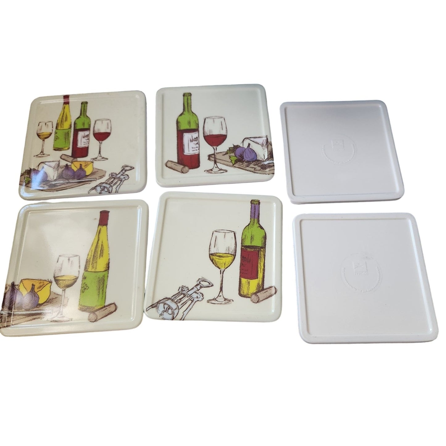 Precidio Plastic Coasters set of 6 Colorful Wine designs 4 different 4" x 4"