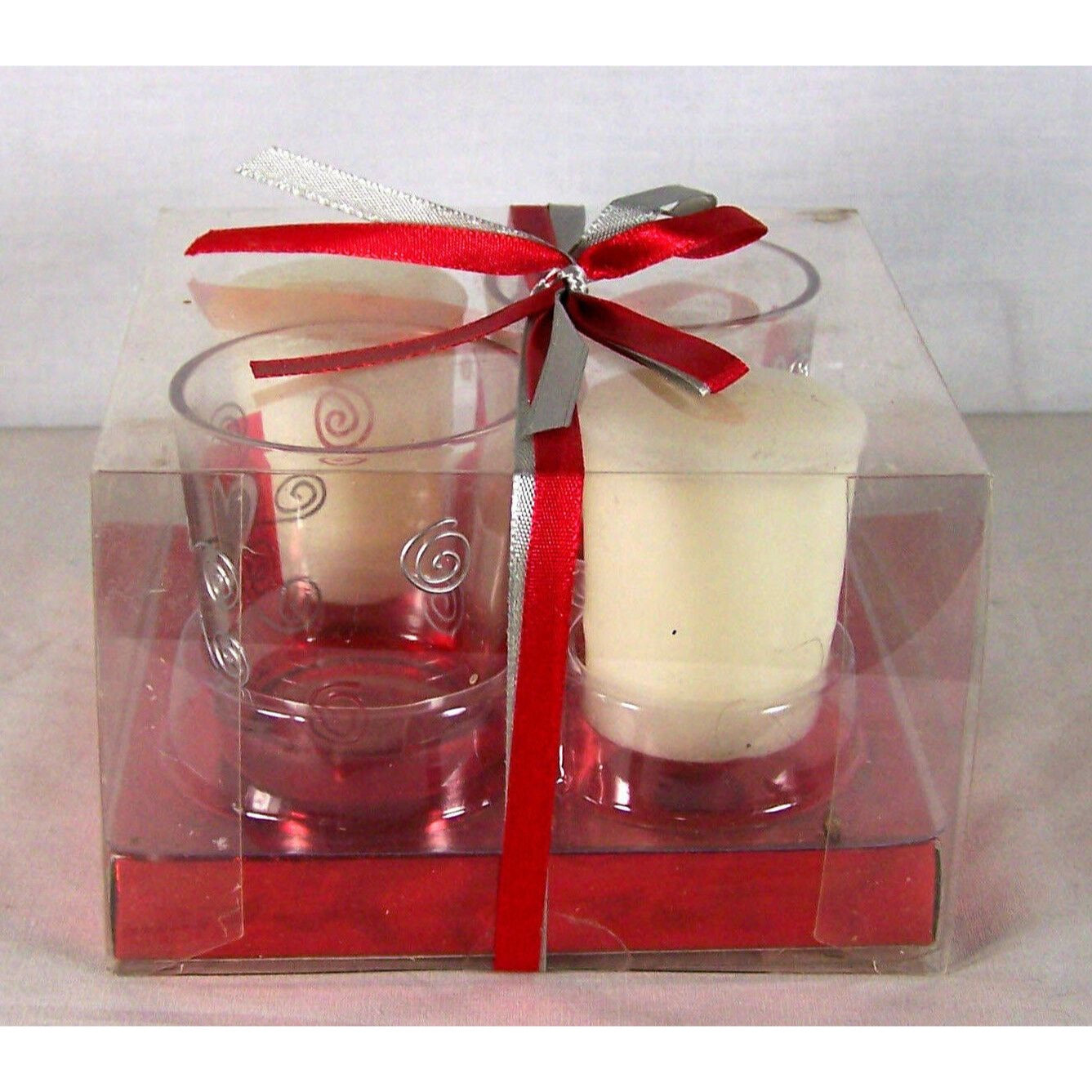 Candle Silver Hearts Votive Candle & Holder set  2 Holders Red Boxed Ribbon Love