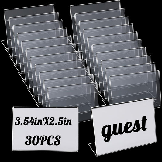 30 Pcs Mini Acrylic Sign Holder Clear Name Tag Holder Stand Price Card Tag Label Counter Top Stand Horizontal Slanted Back L Shaped Plastic