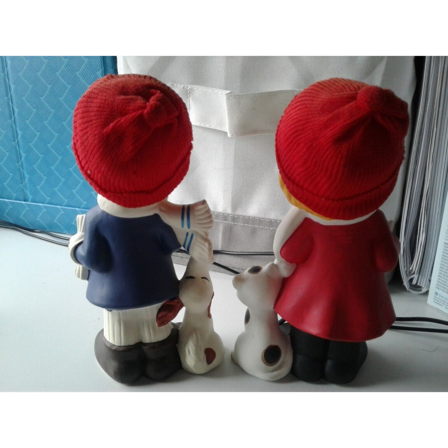 Statue Singing Boy & Girl Red Fabric Hat Holding Song Book Dog Cat Singing UOGC