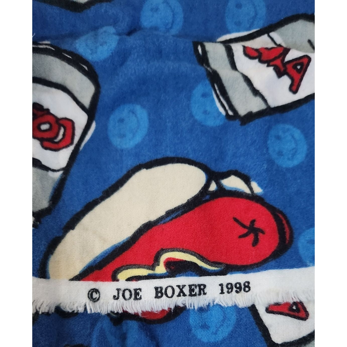 Material Blue Flannel  Hot Dogs Cola Joe Boxer 1998 22 x 22 Light  Craft Quilting