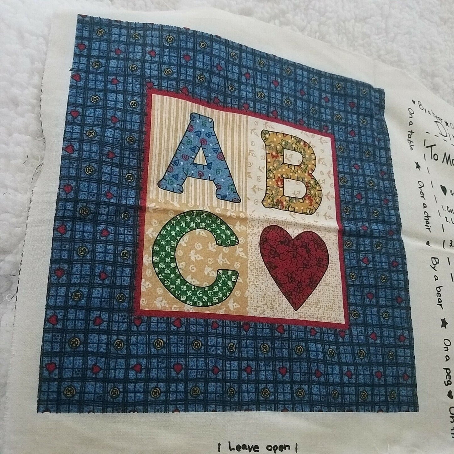 Craft Kit Small Quilt or Pillow ABC By a Bear On a Peg On the Wall Directions