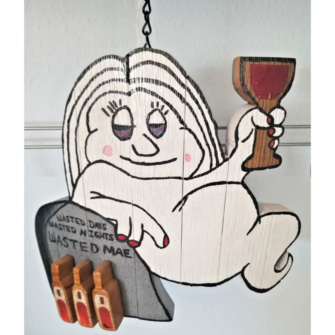 Wood Sign Halloween Wasted Mae Wine Bottle Ghost Red Wine Glass Stave Hanging