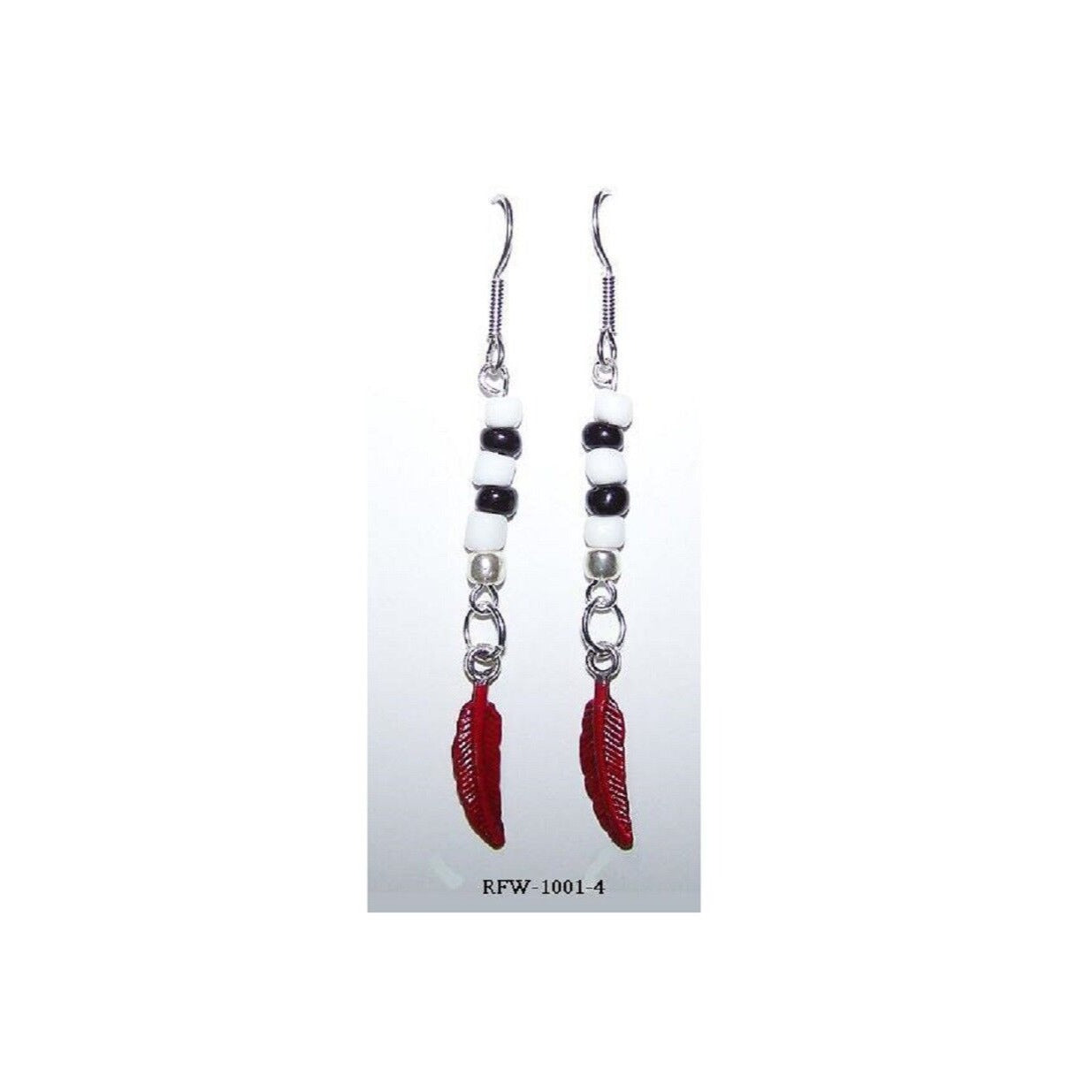 Earrings Painted Red Feather Charm Black White Silver Bead 2" long Sterling Hook