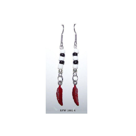 Earrings Painted Red Feather Charm Black White Silver Bead 2" long Sterling Hook